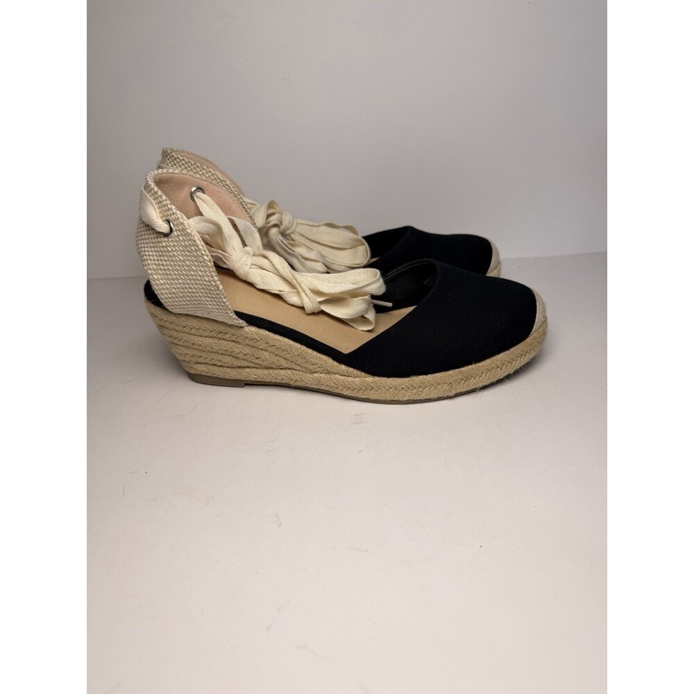 Urban Outfitters UO Boho Chic Black Canvas Ankle Tie Espadrille Wedges Size 9